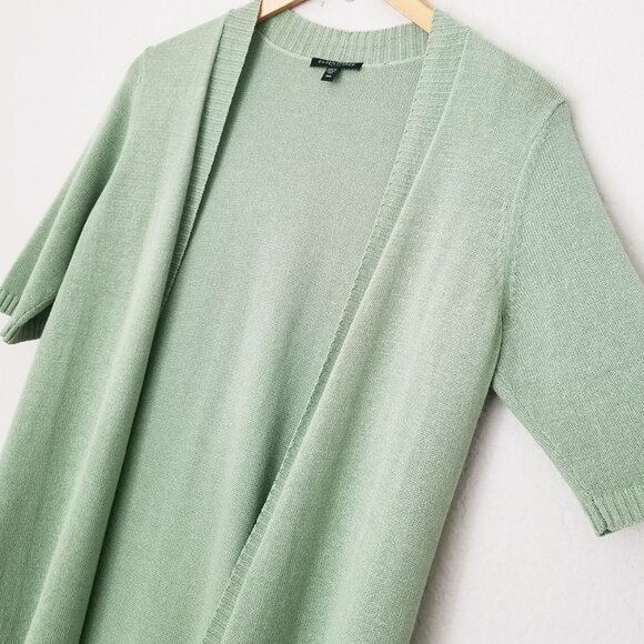 Eileen Fisher Short Sleeve Open Front Longline Cardigan Sage Green Petite M Silk - Picture 4 of 11